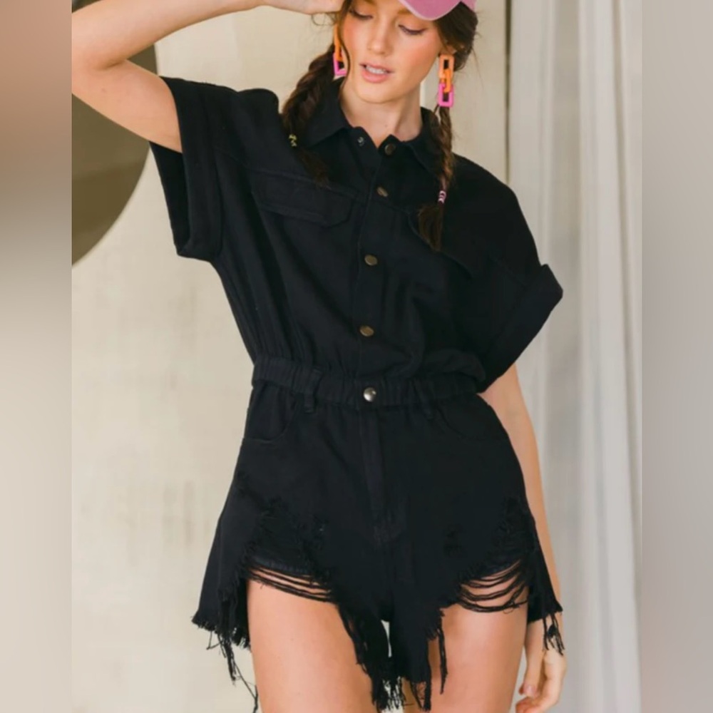 NEW Idem Ditto Black Distressed Denim Romper